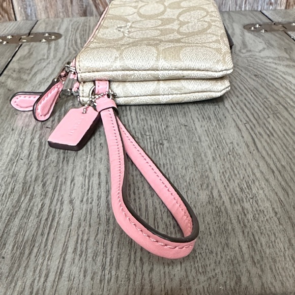 Coach Wristlet Wallet Double Zip Coated Canvas Light Khaki/Blush Bubblegum - Picture 7 of 14